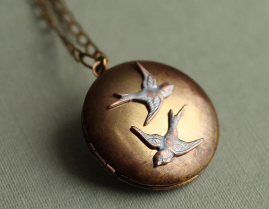 Antique Style Swallow Locket - 2 bird