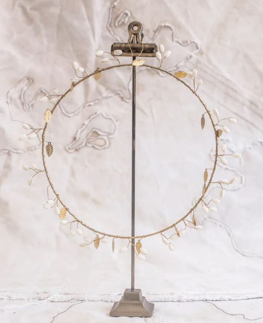Wreath with Brass Leaves White Beaded Buds
