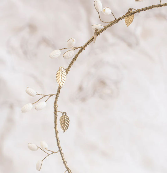 Wreath with Brass Leaves White Beaded Buds